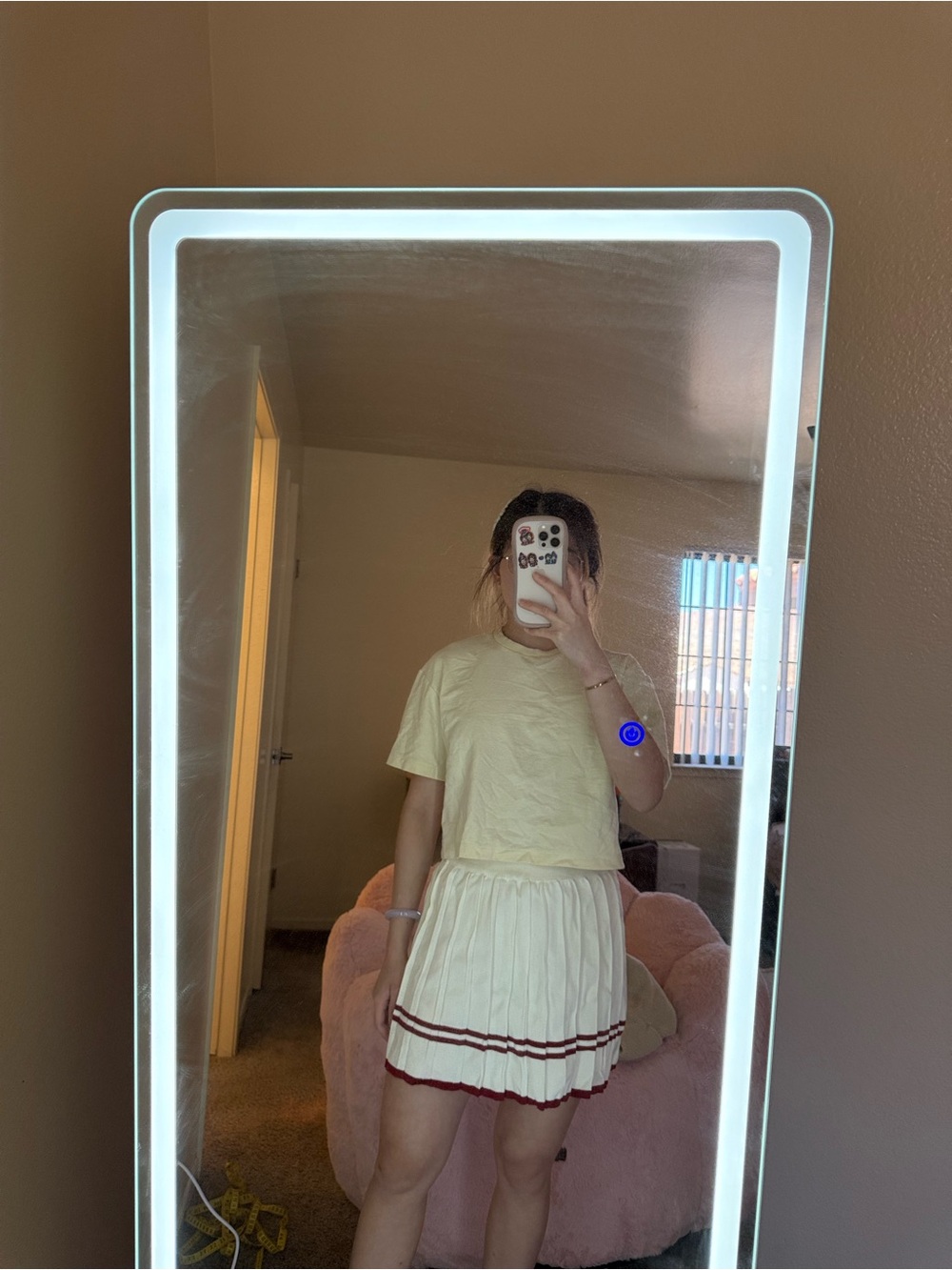 Cream Pleated Mini Skirt with Burgundy Trim - Women's Skirt